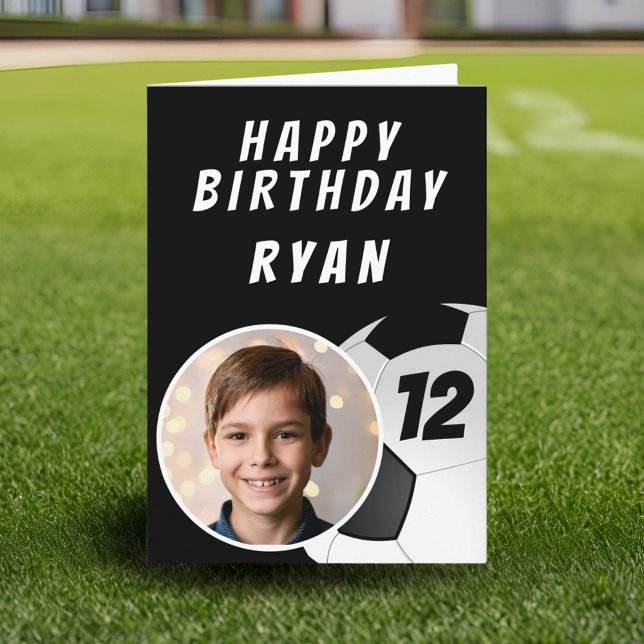Black Soccer Football Ball Photo Birthday Card (Creator Uploaded)