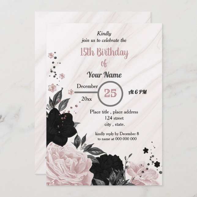 Black & soft pink floral birthday party invitation (Front/Back)
