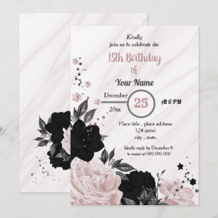 Black & soft pink floral birthday party invitation