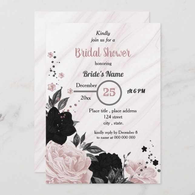 Black & soft pink floral bridal shower invitation (Front/Back)