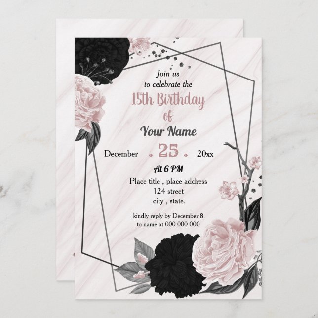 Black & soft pink floral geometric birthday party invitation (Front/Back)