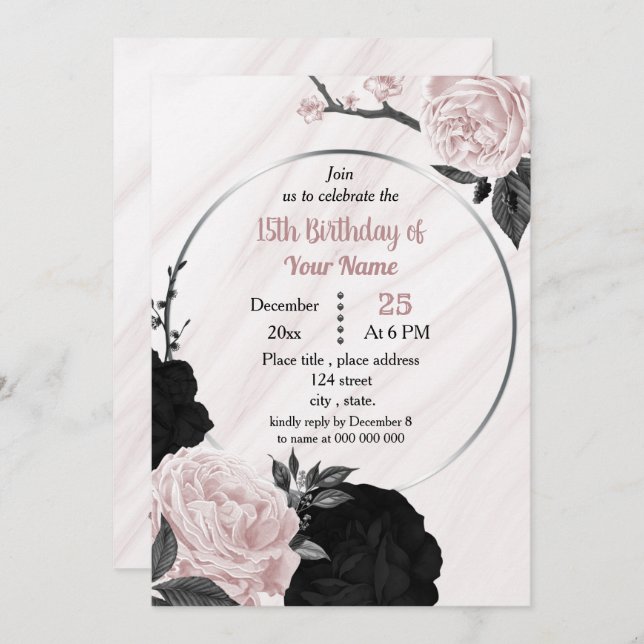 Black & soft pink floral geometric birthday party invitation (Front/Back)