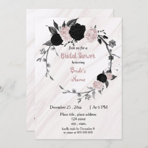 Black & soft pink floral wreath bridal shower invitation