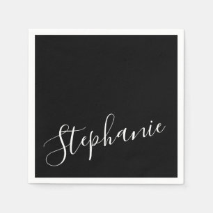 Black Solid Color Plain Personalized Name Text Napkin