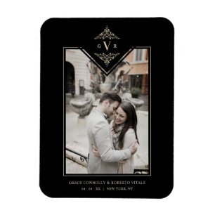 Black Sophisticated Flourish Chic Golden Initials Magnet