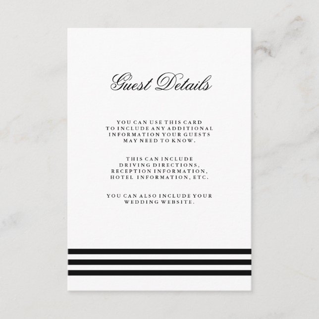 Black Sophisticated Stripes Wedding Guest Detail Enclosure Card (Front)