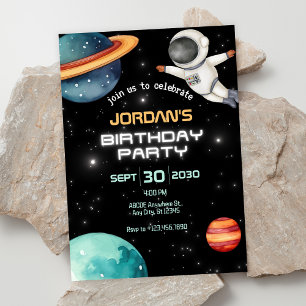 Black space planet astronaut birthday invitation