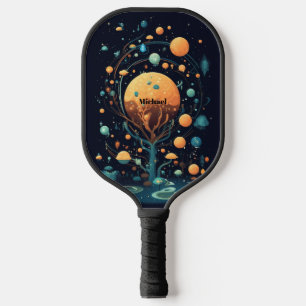 Black Space Planet Design Modern Monogram Pickleball Paddle