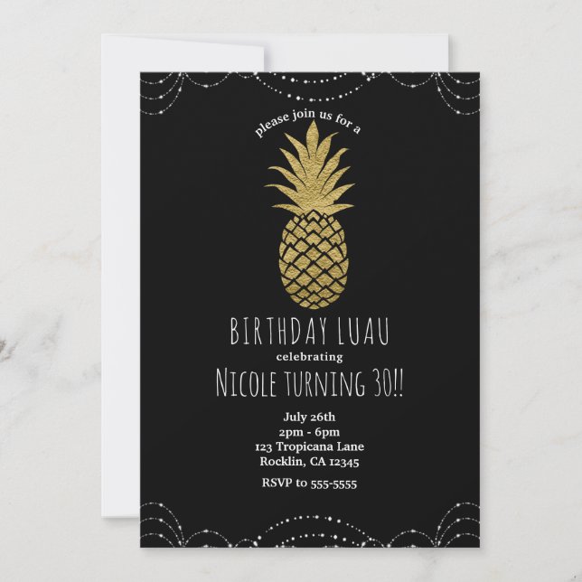 Black Sparkle Gold Pineapple Party Invitations (Front)