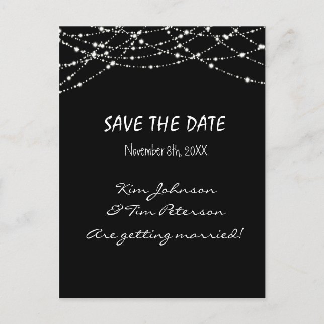 Black Sparkle Lights Wedding Postcard Save Date (Front)