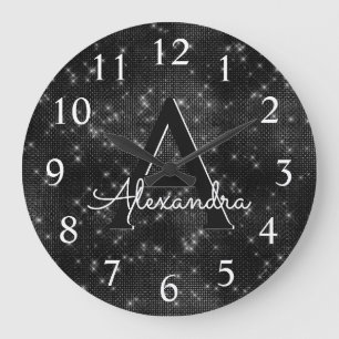 Black Sparkle Shimmer Monogram Name & Initial Large Clock