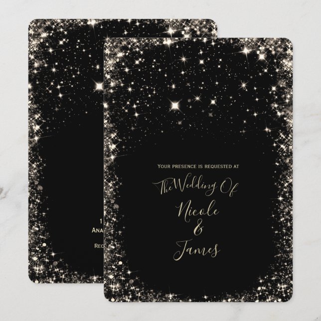 Black Sparkles Starry Night Sky Elegant Wedding Invitation (Front/Back)