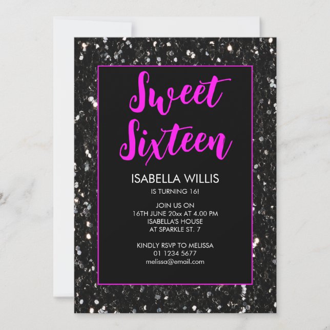 Black sparkles Sweet 16 neon pink elegant script Invitation (Front)