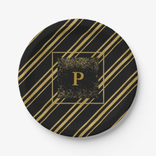 Black & Sparkling Gold Candy Cane Stripe Chic Paper Plate