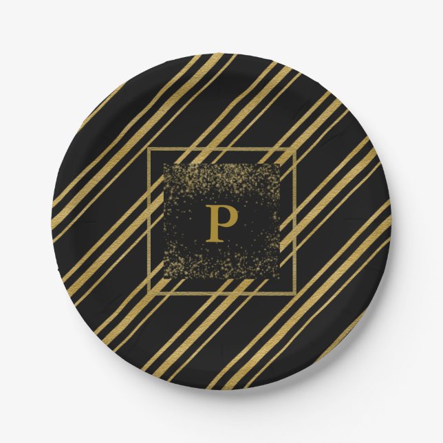 Black & Sparkling Gold Candy Cane Stripe Chic Paper Plate (Front)