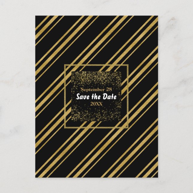 Black & Sparkling Gold Stripe Modern Save the Date Announcement Postcard (Front)
