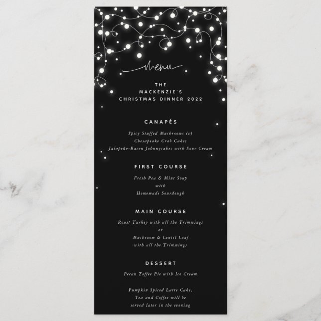 Black Sparkling Lights Christmas Flat 4 Course Menu (Front)