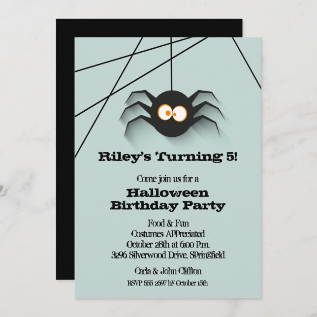 Black Spider Halloween Birthday Party Invitations (Front/Back)