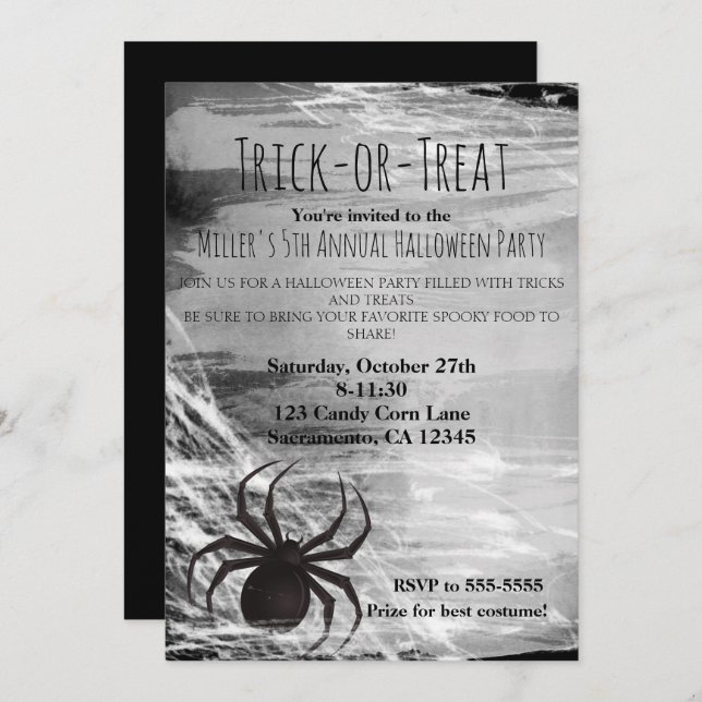Black Spider Spiderweb Halloween Party Invitations (Front/Back)
