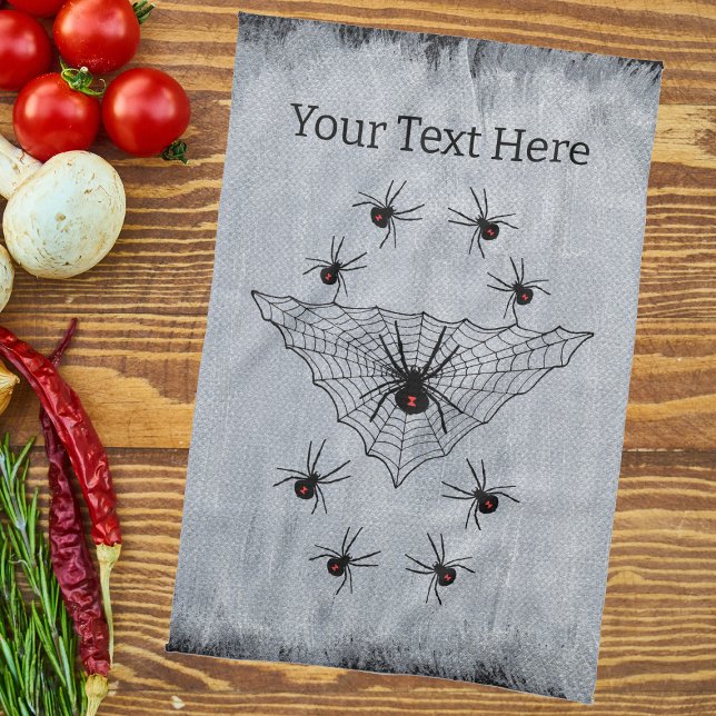 Black Spider Web Surrounded by Black Widows White Tea Towel (creepy black widow spiders black triangular web on rustic white with black edges kitchen hand towel.)