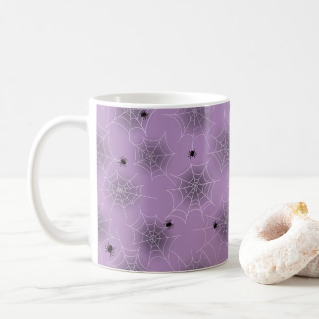 Black Spider White Web Purple Halloween Mug (With Donut)