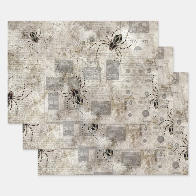 Black Spiders on Catalogue Newsprint Wrapping Paper Sheet (Set)