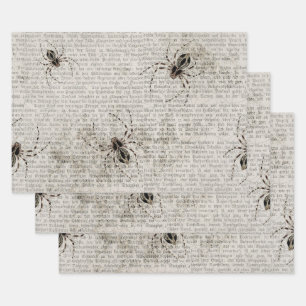 Black Spiders on Newsprint Wrapping Paper Sheet