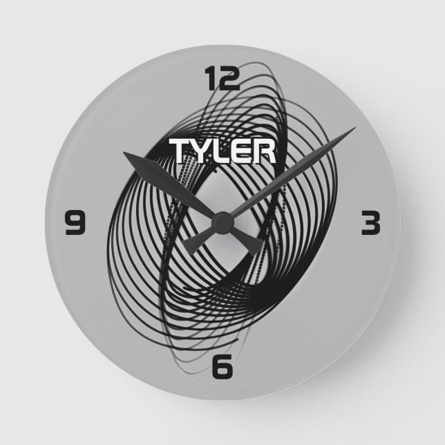 Black Spiral, DIY Name White & Blk Outline, Grey Round Clock (Front)
