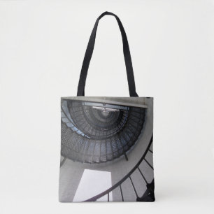 Black spiral stairs on a tote bag