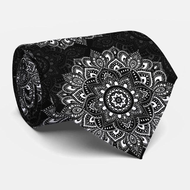 Black spiritual Indian mandala pattern Tie (Rolled)