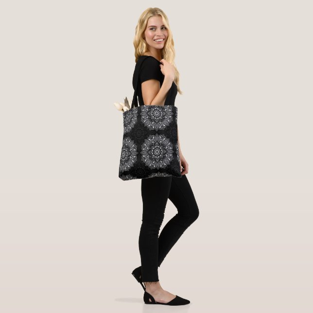 Black spiritual Indian mandala pattern Tote Bag (On Model)