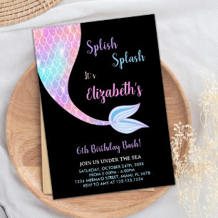 Black Splash Splish Mermaid Birthday Invitations