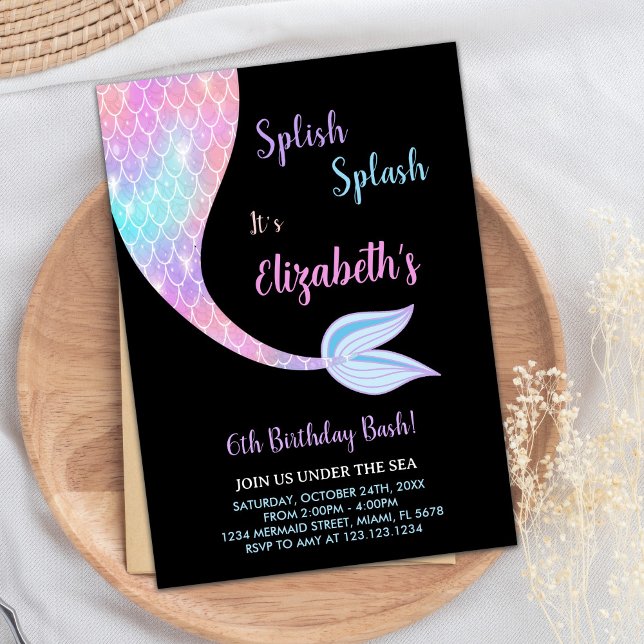 Black Splash Splish Mermaid Birthday Invitations (Black Splash Splish Mermaid Birthday Invitations)