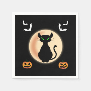 Black Spooky cat green eyes with moon Halloween Napkin