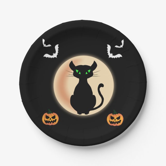 Black Spooky cat green eyes with moon Halloween Paper Plate (Front)