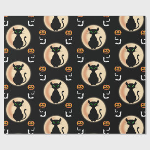 Black Spooky cat green eyes with moon Halloween Wrapping Paper