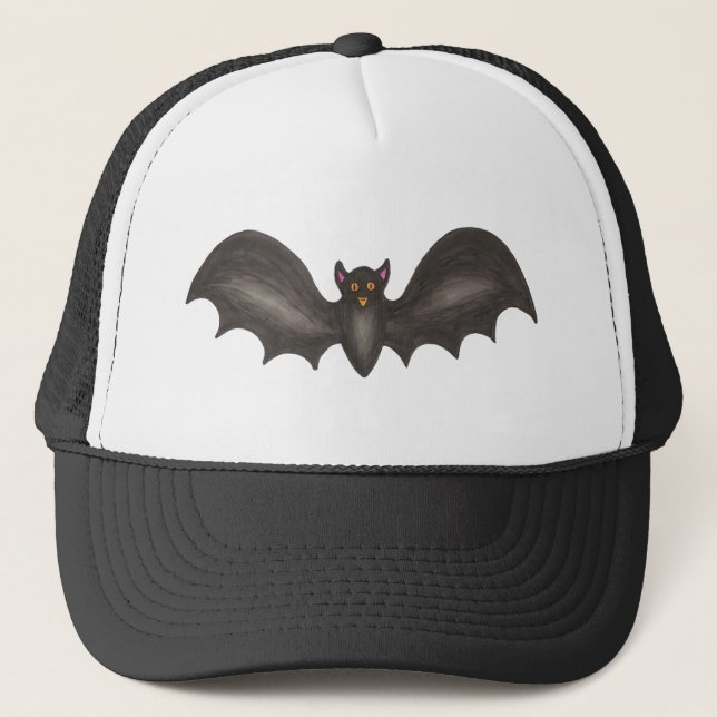Black Spooky Flying Bat Halloween Trick-or-Treat Trucker Hat (Front)