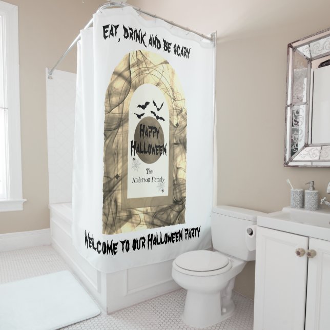 Black Spooky Full Moon Bats Spider Happy Halloween Shower Curtain (In Situ)