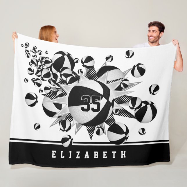 black sports room decor girls basketballs stars fleece blanket (In Situ)