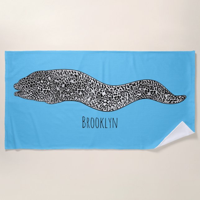 Black spotted moray eel cartoon illustration  beach towel (Front)
