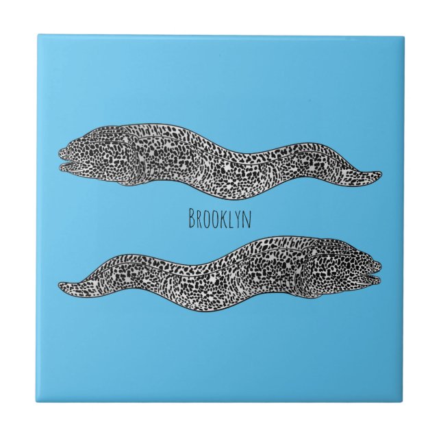 Black spotted moray eel cartoon illustration  ceramic tile (Front)
