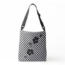 Black Spring Flowers Chequered Cross Body Tote Bag