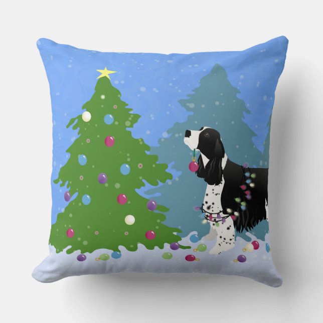 Black Springer Spaniel Decorating Christmas Tree Cushion (Front)