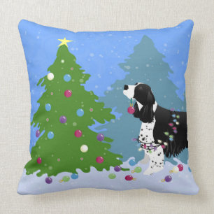Black Springer Spaniel Decorating Christmas Tree Cushion