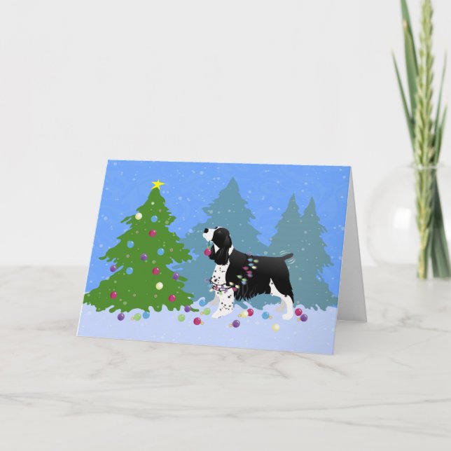 Black Springer Spaniel Decorating Christmas Tree Holiday Card (Front)