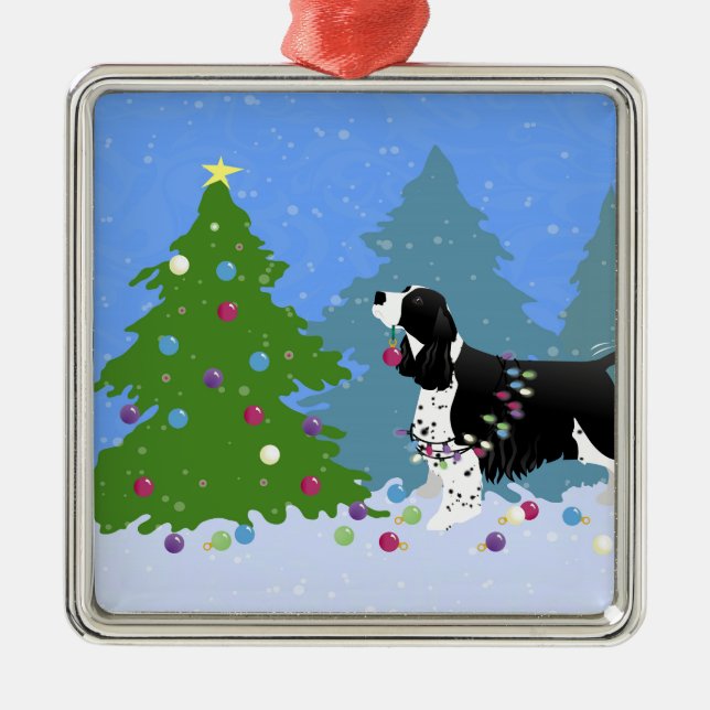 Black Springer Spaniel Decorating Christmas Tree Metal Ornament (Front)