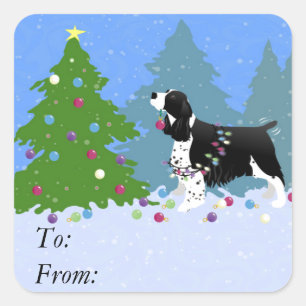 Black Springer Spaniel Decorating Christmas Tree Square Sticker