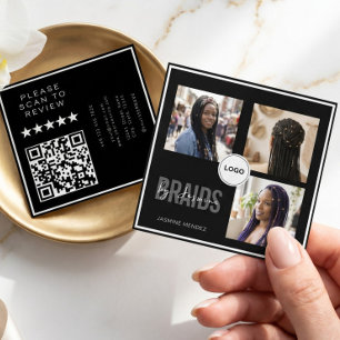 Black Square Braiding Salon 3-Photo Collage QR Business Card
