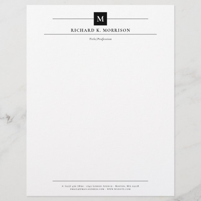  Black Square Monogram Elegant Minimalist Custom Letterhead (Front)