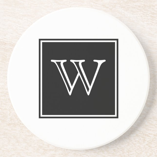 Black Square Monogram Sandstone Coaster (Front)